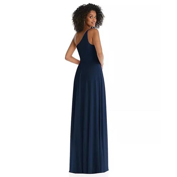 After Six Midnight Navy One-Shoulder Luxe Chiffon Slit Maxi Gown Dress 8 NWT - Picture 2 of 15
